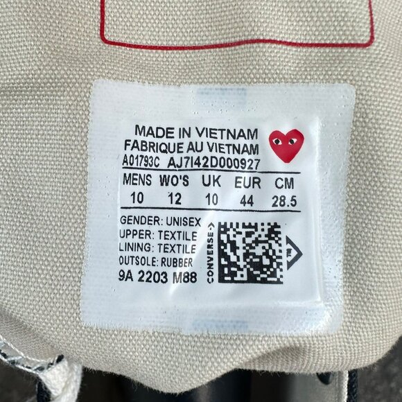 ✨Converse Chuck 70 Hi Comme Des Garçons Play Sz 12 Women's Shoes Black A01793C✨ - Picture 10 of 10